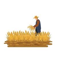 Farmer harvesting wheat in golden fields with minimal style art vector