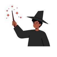 Young wizard casting a spell with a wand in flat art vector