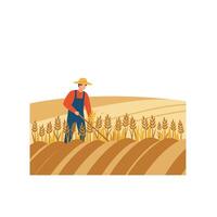 Farmer working in golden wheat field in flat art style illustration vector