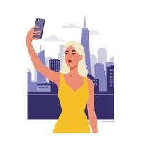 Woman taking selfie in cityscape background with flat design style art vector