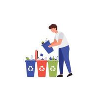Person sorting recyclables into colored bins in flat art vector