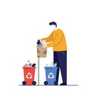 Person sorting waste into recycling bins in flat art vector