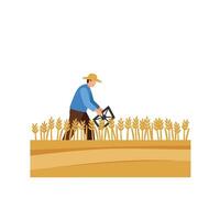 Farmer harvesting crops in sunny field with flat design style art vector