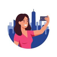 Woman taking a selfie in a cityscape background with flat illustration vector