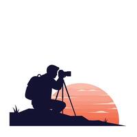 Photographer capturing sunset in silhouette style with minimalistic design art vector