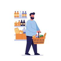 Man carrying a shopping basket in a minimal flat design illustration vector