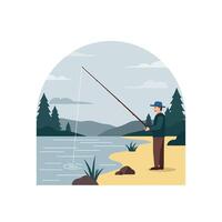 Fisherman casting line into serene lake landscape in minimal illustration vector