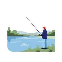 Fisherman casting line into serene lake in flat art vector