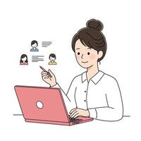 Woman using laptop to connect with others in flat art vector