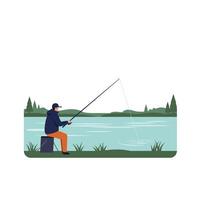 Fisherman casting line into tranquil water in flat art style vector