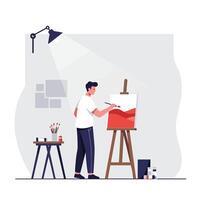 Artist creating vibrant artwork on canvas in flat art style vector