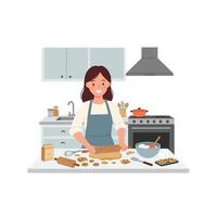 Woman baking cookies in a kitchen with flat design art vector