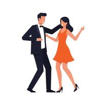 Dancing couple in elegant attire with vibrant colors in flat art vector