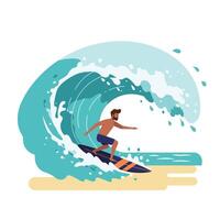Surfer riding a large wave in colorful flat style art vector