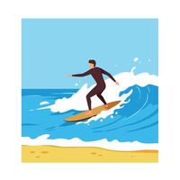 Surfer riding a wave in a minimal flat design illustration vector