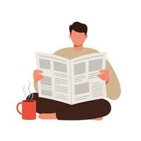 Person reading a newspaper while sitting with a coffee cup in flat art. vector