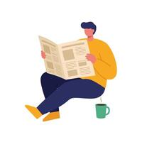 A Person reading a newspaper while sitting with a coffee cup in flat art vector