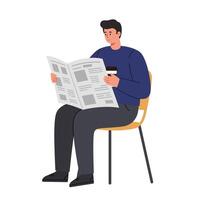 Man sitting on chair reading newspaper with coffee in flat illustration vector