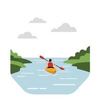 Kayaking on a serene river with lush greenery in flat art vector
