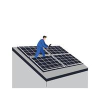 Technician inspecting solar panels on a rooftop in flat art vector