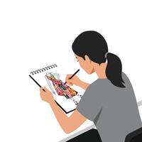 Artist sketching a colorful design in a minimal flat illustration vector