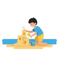 A Child building a sandcastle on the beach in flat art vector