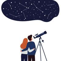 Couple observing stars through telescope in flat design art vector