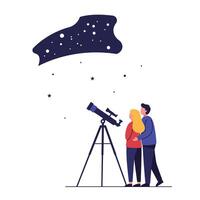 Couple gazing at stars through telescope in minimal art vector
