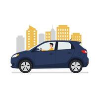 Car driving through a cityscape in a flat and colorful illustration vector
