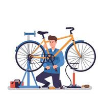 Bicycle repair process illustrated in flat design style featuring a mechanic working on a bike art vector