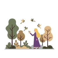 Woman feeding birds in a serene forest setting with minimal design illustration vector