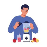 Man preparing a smoothie using a blender in flat art style vector