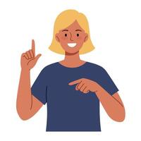 Person gesturing with a finger pointing and smiling in flat art vector