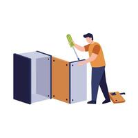 Person assembling furniture with screwdriver in flat art style vector