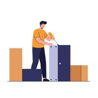 Man assembling furniture with screwdriver in flat and minimal art vector