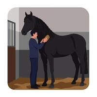 Man grooming a black horse in a stable with flat art vector