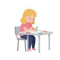 Girl drawing at a table in a flat and colorful illustration vector