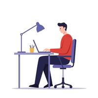 Man working at a desk with a lamp and laptop in minimal illustration vector