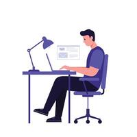Man working at desk with laptop in flat illustration style vector