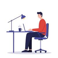 Man working at desk with laptop in flat illustration style art vector