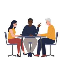 Three diverse people engaged in discussion around a table in flat art vector