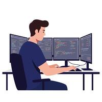 Programmer working at desk with multiple monitors in flat art vector