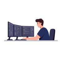Young man coding at computer desk in flat art style, modern workspace illustration vector