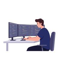 Computer programmer working at desk with multiple monitors in flat art vector