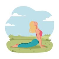 Yoga pose transition in a serene outdoor setting with flat art vector