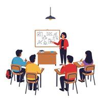 Classroom scene with teacher presenting concepts to students in flat art vector
