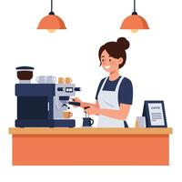 Barista preparing coffee with espresso machine in flat art style vector
