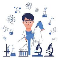 A Scientist conducting experiments with laboratory equipment in flat art vector