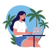 Woman working on laptop surrounded by palm trees in flat art vector