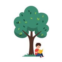 Boy reading book under a large green tree in flat art vector